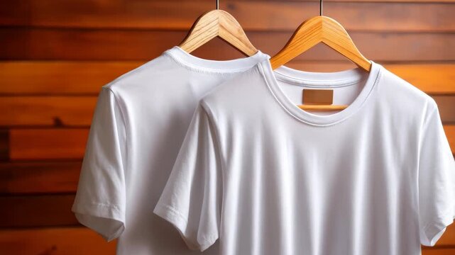 Essential Wardrobe Staples: Two classic, pristine white t-shirts hang on wooden hangers against a warm, rustic backdrop, showcasing the timeless appeal and versatility of this wardrobe essential.