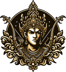 Fototapeta premium Detailed Engraving Style Vector Lord Rama in a Highly Decorated Headdress, Ready to Fire an Arrow, Suitable for Medieval-Themed Graphics