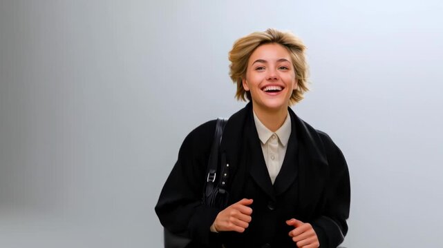 Radiant Arrival: A confident woman strides forward with a beaming smile, her joy and energy filling the frame. A portrait of modern lifestyle and optimism.