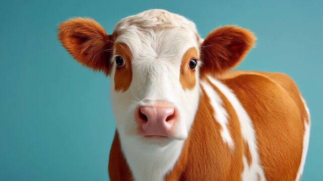 Adorable Calf: A charming calf with striking brown and white markings gazes directly at the viewer, its big eyes conveying innocence and curiosity. Its captivating expression against a clean backdrop.