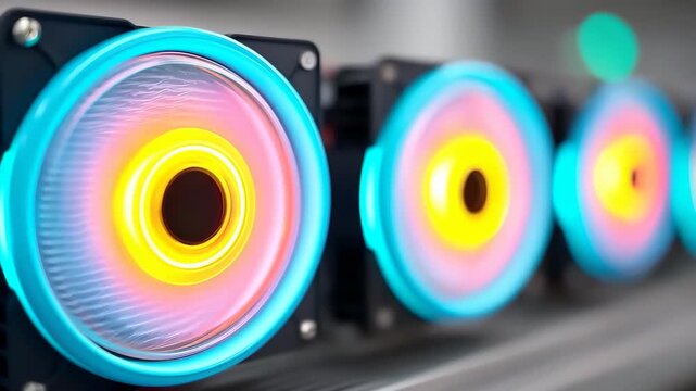 Technological Luminescence: An array of vibrant circular light fixtures pulsates with energy, showcasing the fusion of innovation and aesthetic appeal. 