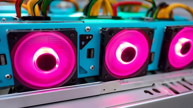 Cybernetic Cooling System: A high-tech system, with radiant pink fans, hums with efficiency. This image is a celebration of advanced engineering and technological progress.
