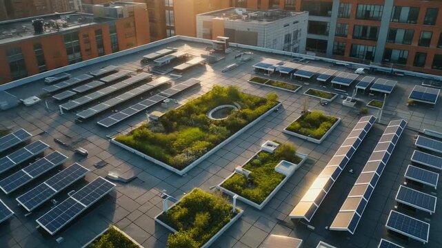 Sustainability professionals implementing green economy practices on a rooftop with solar panels and lush gardens in an urban setting