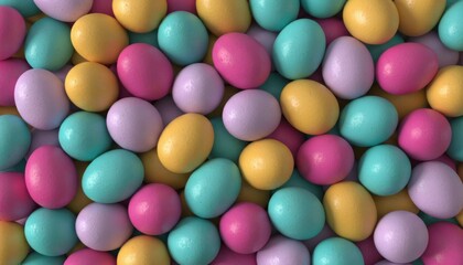 Obraz premium Full frame background of bright pink yellow and turquoise Easter eggs tightly packed in pastel colors