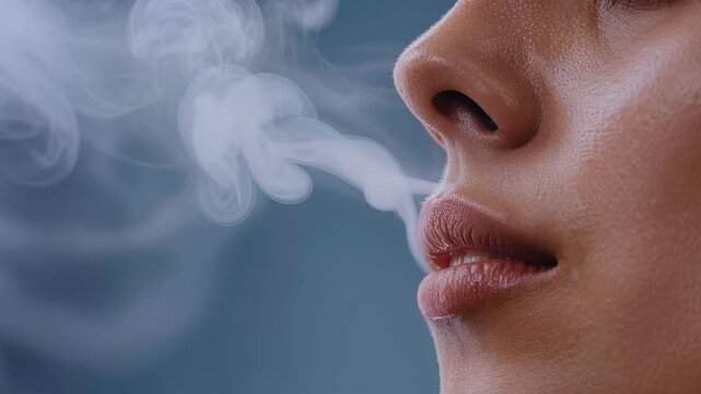 Serene Smoke: A close-up shot of a person exhaling a delicate stream of smoke, creating an ethereal and captivating scene.