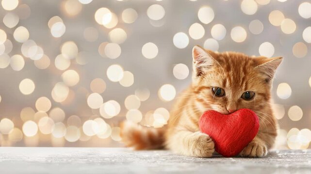 Kitten with Heart: A charming kitten clutches a heart, radiating warmth and affection against a backdrop of soft bokeh, embodying the essence of love and tenderness.