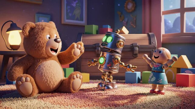 3D cartoon animation with cute toy bear and robot greeting little girl doll in a colorful playroom at night