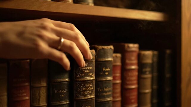 A hand reaching for a vintage book on a wooden shelf.