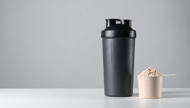 Shaker sportivo nero con misurino di proteine in polvere isolato su sfondo grigio minimalista. Generative AI
