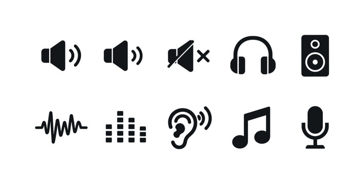 Audio, music solid icon set. Sound, volume, headphones, speaker solid style collection