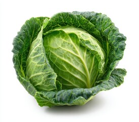 Fototapeta premium Crisp Green Savoy Cabbage Head, Textured Leaves, Healthy Vegetable Isolated on Pure White Background.