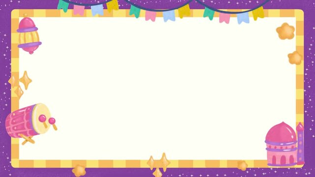 Cute Ramadan Animated Frame with Bunting Flag, Lantern, Glowing Star, and Mosque Decoration