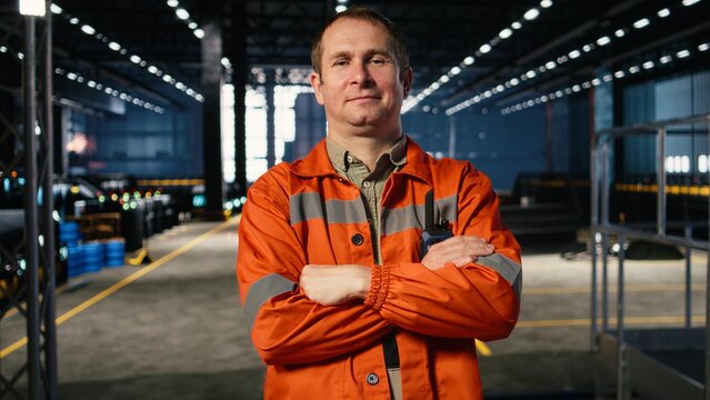Portrait of supervisor standing in industrial workshop facility with protective gear, ensuring steel fabrication and production with tools and machinery. Warehouse environment demands.