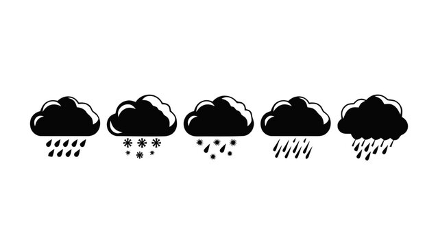 Vector illustration&nbsp;of set of five black cloud icons representing different types of precipitation rain, snow, sleet, heavy rain, and thunderstorm on a transparent background