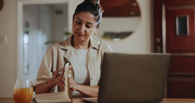 Thinking, woman and laptop with notebook in home for research, calendar and story structure. Person, remote work or pc for interview date, writing questions and problem solving of article publication