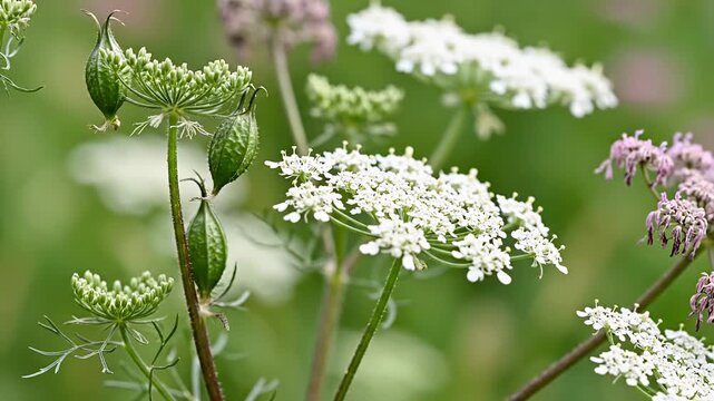 Wildflower umbels featuring developing green seed pods against soft green background