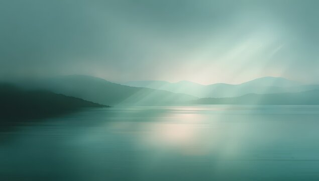 Tranquil Teal Lake with Misty Mountains and Suns Gentle Reflection.