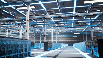 Quantum computing, artificial intelligence and supercomputers in data center, doing advanced...