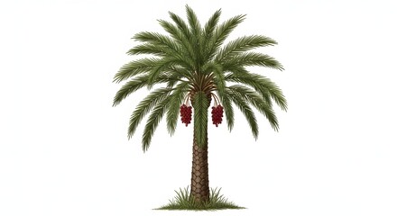 Fototapeta premium A detailed botanical illustration of a mature date palm tree featuring dense green fronds and clusters of red dates, rooted in a small patch of grass against a plain white backdrop.