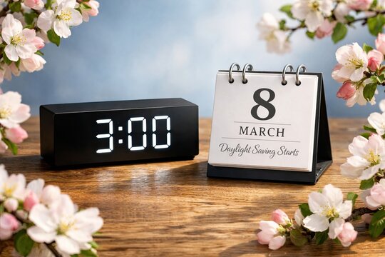 Daylight Saving Time Starts Concept with Digital Alarm Clock at 3 AM and March 8 Calendar among Spring Flowers,