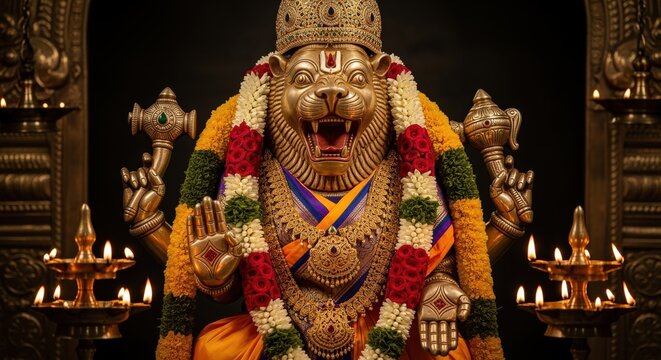 intricate statue of narasimha adorned with flowers in a dimly lit temple setting