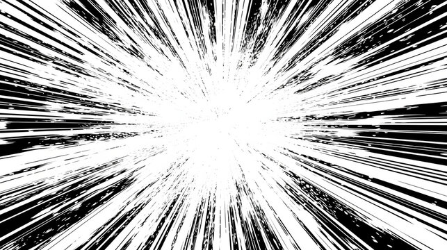 漫画の集中線とスピード感のある放射状のズーム効果の白黒の背景素材