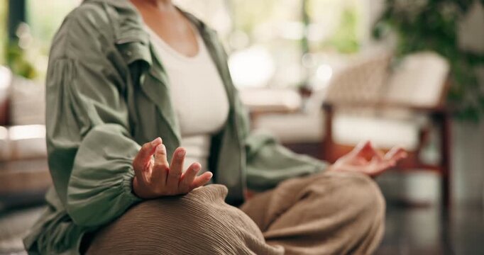 Hands, yoga and lotus on floor in home for mindfulness, breathing exercise and wellness in lounge. Person, meditation and mudra with holistic health, balance and post in living room at apartment