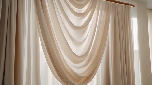 Elegant draped curtains on a wooden rod in a bright room with natural light