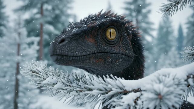 Feathered raptor dinosaur watching from behind snowy pine branch in winter forest. Cinematic cold atmosphere.