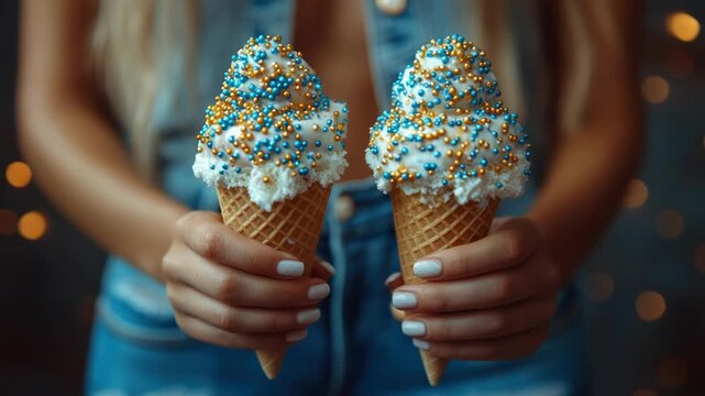 Person's hands holding two decorated ice cream cones, creamy white, with blue and gold sprinkles