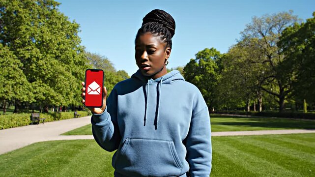 Woman in blue hoodie holding red phone outdoors in park with birds flying