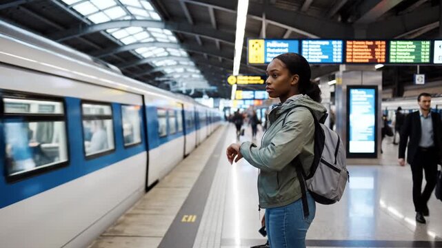 Young woman with backpack waiting for train at subway station with people in background