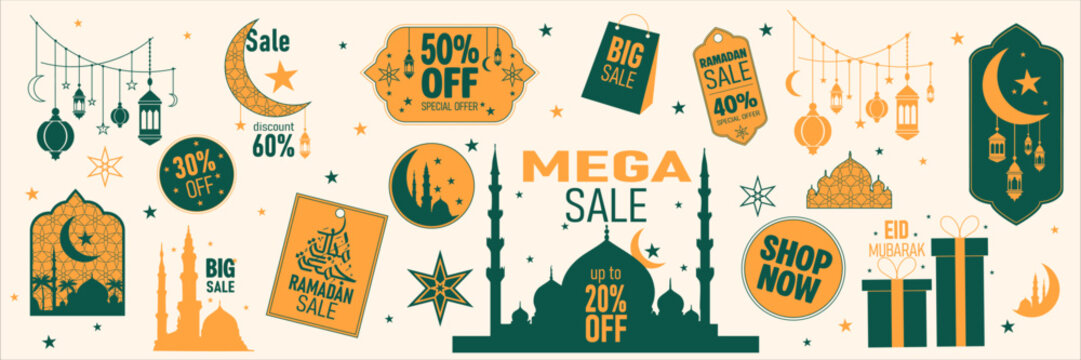 Set of vibrant Ramadan Kareem sale Label Tag, stickers, button, badge and ribbon sale. Eid Offer Discount Tag Collection. Islamic promotion vector illustration.