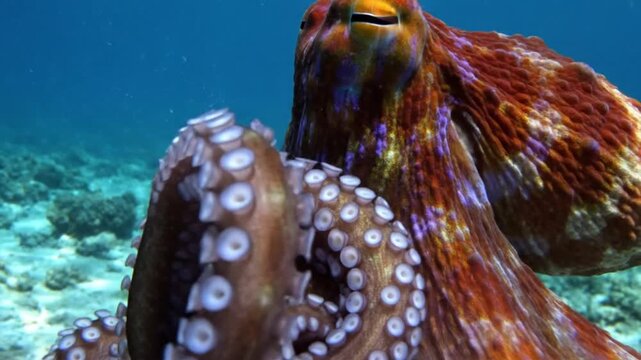 Close-up of a large vibrantly colored octopus underwater showcasing its textured reddish-orange and purple skin prominent siphon and suckered tentacles against a blue water background