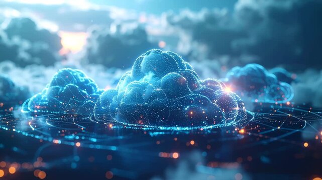 Digital Clouds: An innovative digital rendering of interconnected cloud computing systems, symbolizing the boundless nature of the digital world, data, and technology