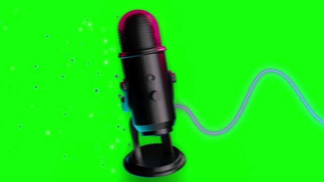 Microphone with neon wavy lines podcast transition on green screen background
