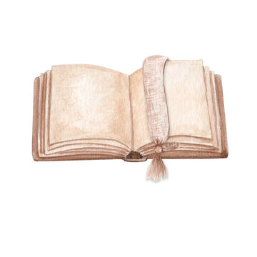 Open book with a bookmark watercolor illustration isolated on white. Hand-painted object copy space for church publications, Bible study materials, sermons, educational content, faith-based designs