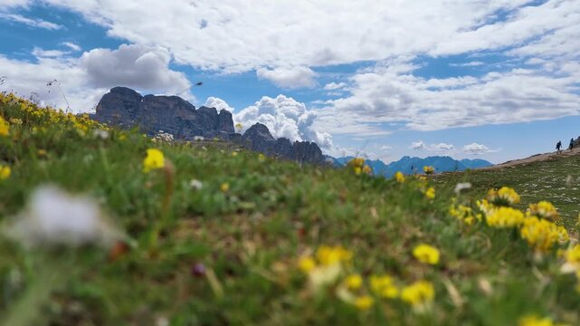 A scenic view of the Dolomites mountain range in Italy.