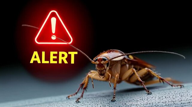 CLOSE-up of a cockroach pest with an alert warning sign. Concept of insect infestation, extermination, and pest control service.
