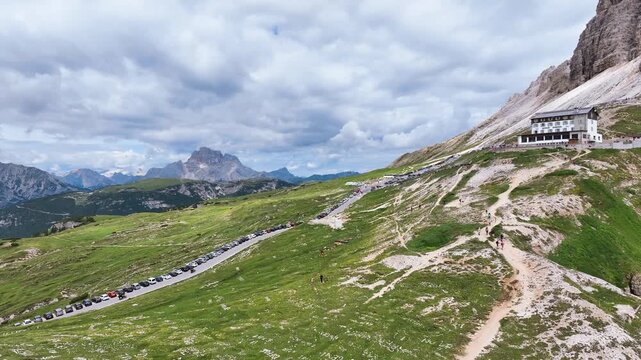 A scenic view of the Dolomites mountain range in Italy.