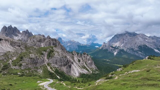 A scenic view of the Dolomites mountain range in Italy.