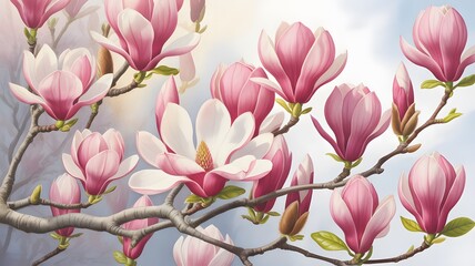 Obraz premium A beautiful watercolor painting shows blooming magnolia flowers with delicate pink petals and a gentle sky background creating a serene and elegant floral scene.