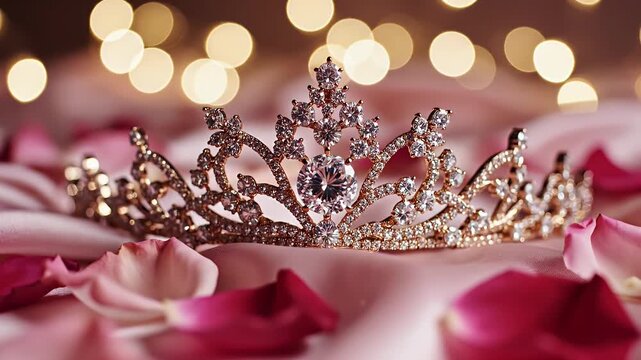 Elegant silver tiara resting among pink rose petals with warm glowing bokeh backdrop