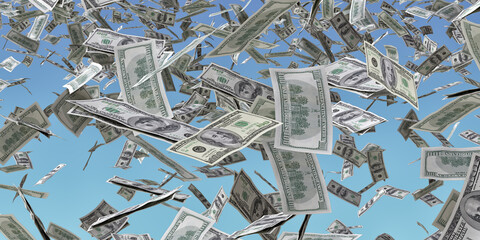 Money Rain Over Clear Blue Sky: Cascade Of Cash Bills For Wealth, Prosperity, And Abundance