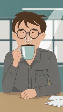 A man in glasses drinking coffee at a desk in an office with windows in the background, possibly for a business or daily routine concept