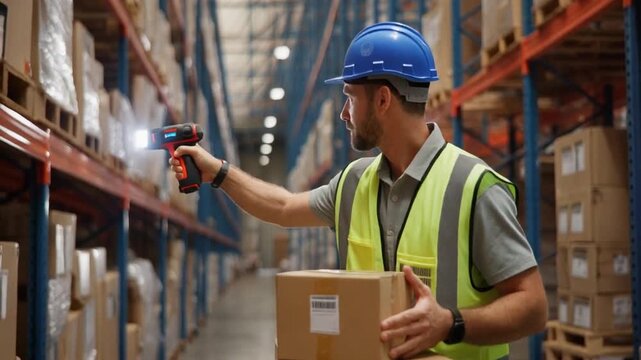A warehouse worker scans a package with a barcode scanner while wearing a safety vest and hard hat, standing between rows of shelves storing boxes