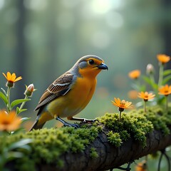 Obraz premium Vibrant Bird Perched on Mossy Branch