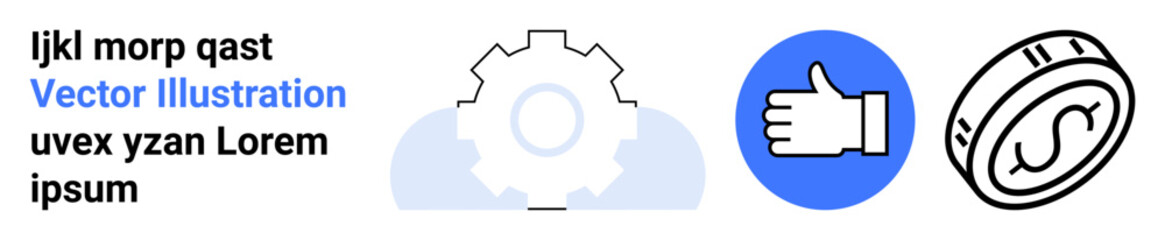 Obraz premium Business services, financial growth, teamwork, efficiency, profit, approval. Gear symbol, thumbs-up icon dollar coins. Business services and financial growth highlighted in visual design