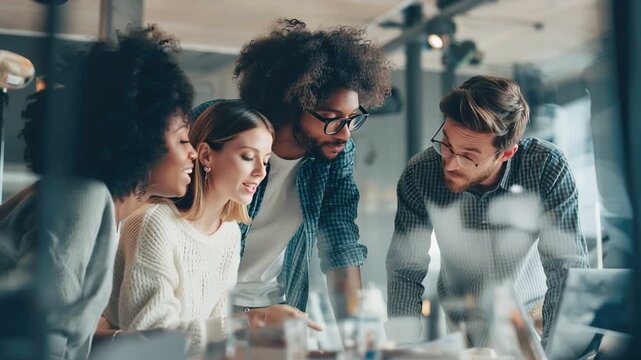 Brainstorming Session: A diverse group of colleagues engages in an in-depth discussion, sharing ideas and collaborating to formulate a cohesive strategy.