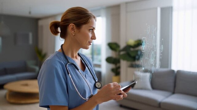 Healthcare Innovation: A dedicated healthcare professional, engaged in the technological advancements of the medical field, meticulously examines a tablet. With stethoscope draped.
